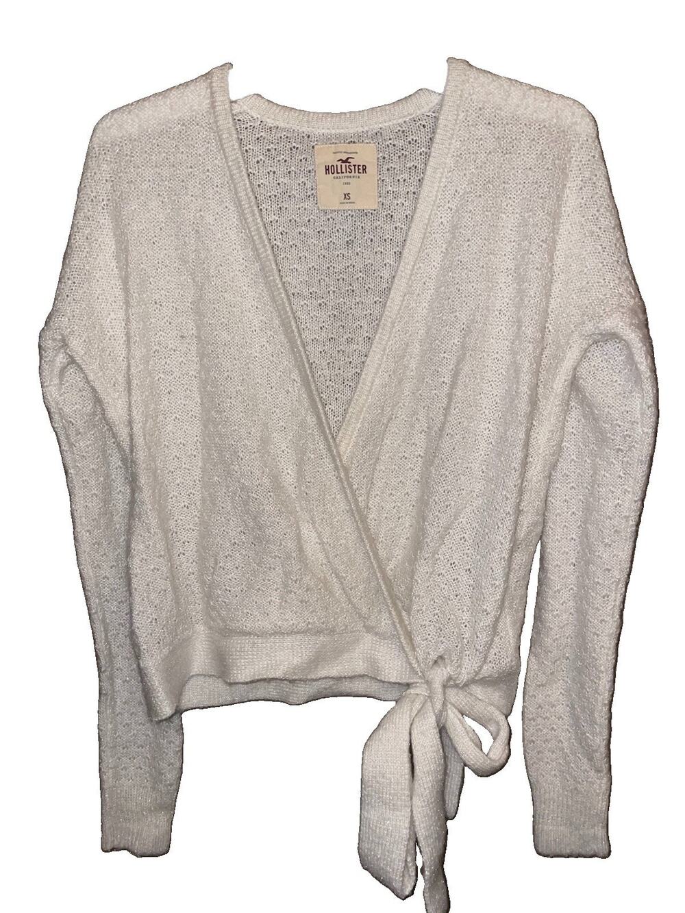 Hollister Women’s White Tie Front Cropped Wrap Sweater Open Knit Long Sleeve XS